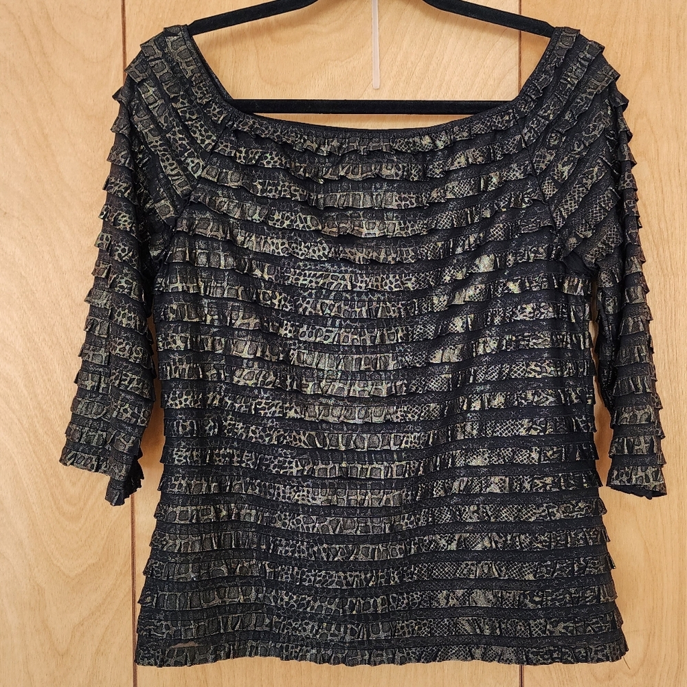 Frank Lyman shirt gold and black off the shoulders